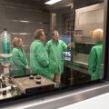 Professor Kevin Thomas showing Minderoo Foundation Chairman and Co-Founder Dr Andrew Forrest,  Minderoo Foundation Co-Chair and Co-Founder Nicola Forrest and UQ Vice Chancellor, Professor Debbie Terry inside the plastics contamination-controlled lab.